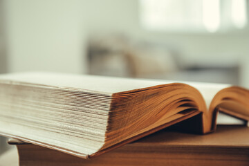Books on table in room, closeup