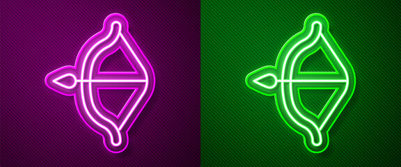 Glowing neon line Medieval bow and arrow icon isolated on purple and green background. Medieval weapon. Vector.