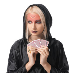 Fortune teller with cards on white background