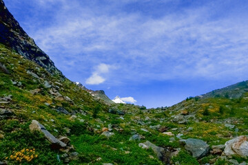 wonderful blue sky with soft clouds while hiking over meadows with rocks