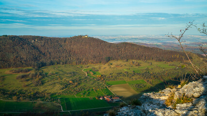 Germany, Magical aerial view above valley of swabian jura nature landscape at sunrise near...