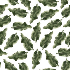 Pattern with leaves. Floral natural theme. Watercolor isolated illustration on white background. Seamless pattern, an illustration for postcards, posters, textile design and other.