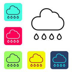 Black line Cloud with rain icon isolated on white background. Rain cloud precipitation with rain drops. Set icons in color square buttons. Vector.