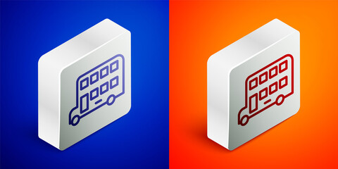 Isometric line Double decker bus icon isolated on blue and orange background. London classic passenger bus. Public transportation symbol. Silver square button. Vector.