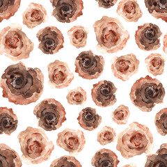 Pattern with roses and leaves. Floral natural theme. Watercolor isolated illustration on white background. Seamless pattern, an illustration for postcards, posters, textile design and other.