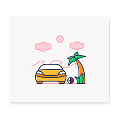 Car on beach glyph icon. Rest on beach near comfortable car concept. Enjoy summer season, looking at waves, laying under palm tree. Isolated vector illustration