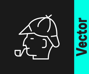 White line Sherlock Holmes with smoking pipe icon isolated on black background. Detective. Vector.