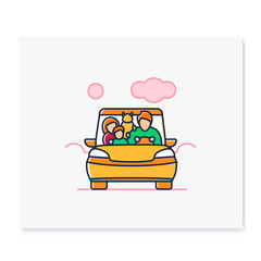 Family road trip color icon. Happy parents, child and pet travel in car on holiday. Traveling on vacation tourist transport on road concept. Isolated vector illustration