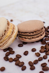 sweet chocolate macaroons with coffee beans. Sweet dessert for tea. Sweets as a gift, a place for text, a place for copying, a banner