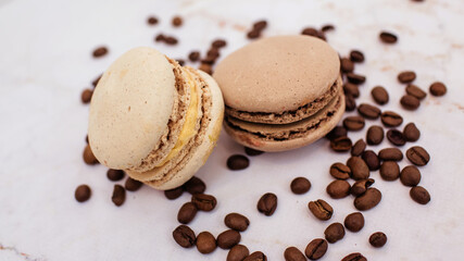 sweet chocolate macaroons with coffee beans. Sweet dessert for tea. Sweets as a gift, a place for text, a place for copying, a banner