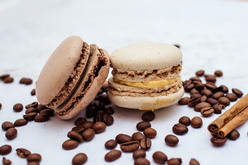 sweet chocolate macaroons with coffee beans. Sweet dessert for tea. Sweets as a gift, a place for text, a place for copying, a banner