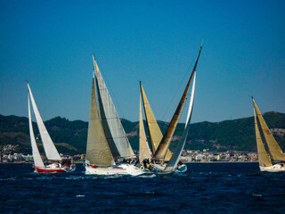 Fototapeta premium sail boat yacht in race regatta with mountain background