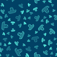 Green line Traditional mexican sombrero hat icon isolated seamless pattern on blue background. Vector.
