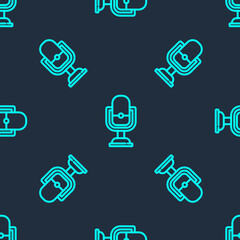 Green line Microphone icon isolated seamless pattern on blue background. On air radio mic microphone. Speaker sign. Vector.