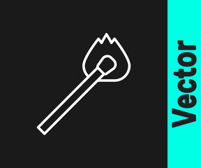 White line Burning match with fire icon isolated on black background. Match with fire. Matches sign. Vector.