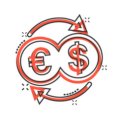Currency exchange icon in comic style. Dollar euro transfer cartoon vector illustration on white isolated background. Financial process splash effect business concept.