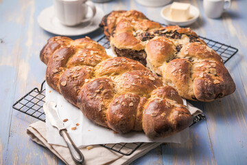 Tsoureki braid, greek easter sweet bread, on wood