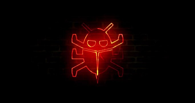 Virus symbol, computer protection, cyber attack sign on brick wall, antivirus, digital worm and bug icon concept. Abstract 3d rendering loopable and seamless animation.