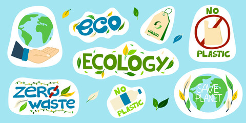Fototapeta premium A set of vector environmental stickers with inscriptions, no plastic, save the planet, ecology, eco, zero waste, isolated elements. Vector illustration of environmental problems