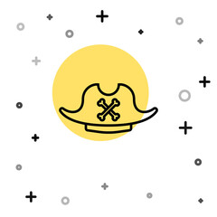 Black line Pirate hat icon isolated on white background. Random dynamic shapes. Vector.
