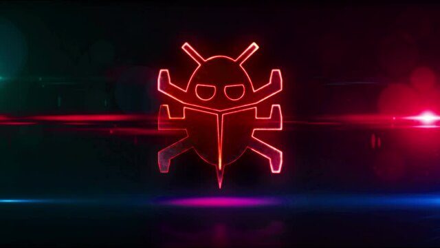 Virus symbol, computer protection, cyber attack, antivirus, digital worm and bug icon neon loop concept. Futuristic abstract 3d rendering loopable and seamless animation.