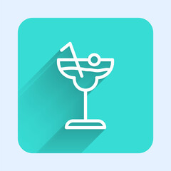 White line Cocktail and alcohol drink icon isolated with long shadow. Green square button. Vector.