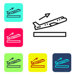 Black line Plane takeoff icon isolated on white background. Airplane transport symbol. Set icons in color square buttons. Vector.