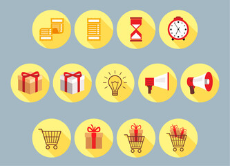 Large set of 2D and 3D icons in a circle, promotion, discount, gift, bonus, shop. Box in a shopping basket, shopping trolley, clock, hourglass, check-01