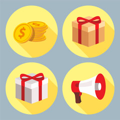 Set of 2D and 3D icons in a circle, money, gold coins, promotion, report, discount, box, gift, bonus, shop, shopping-01. © Elena