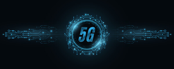 5G global network concept. High speed wi-fi internet connection. Hi-tech design. Computer circuit board. Blue futuristic frame and symbol . Vector illustration.