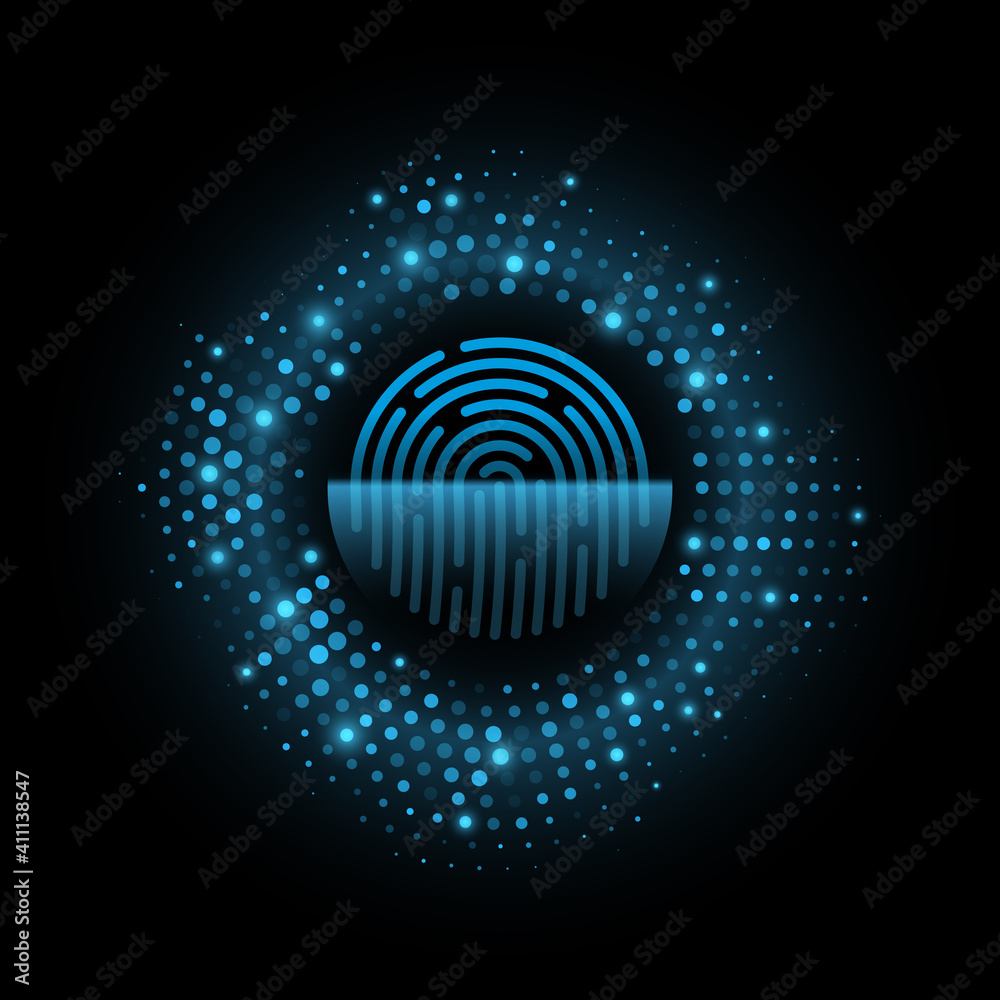 Poster futuristic fingerprint biometric data security. big data cpu. glowing scanning user interface for gr