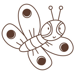 Cute decorative insect - butterfly with a smile. Vector. Doodle drawing. Black line, outline. hand drawing on white background