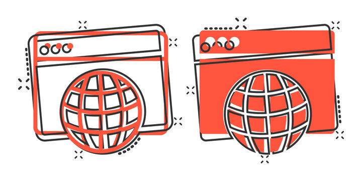 Website domain icon in comic style. Global internet address cartoon vector illustration on white isolated background. Server splash effect business concept.