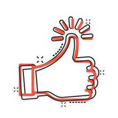 Thumb up icon in comic style. Like gesture cartoon vector illustration on white isolated background. Approval mark splash effect business concept.