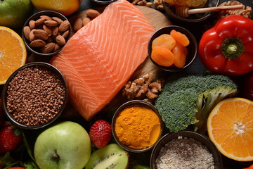 Healthy food background fruits vegetables, salmon, honey, seeds, superfood, cereals,