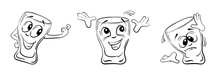 A cheerful character - a glass for vodka. 3 emotional state, the style of the sketch. The vector is isolated on a white background.