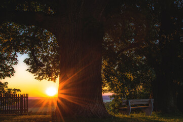Sonnenuntergang mit bank idyllisch im sommer