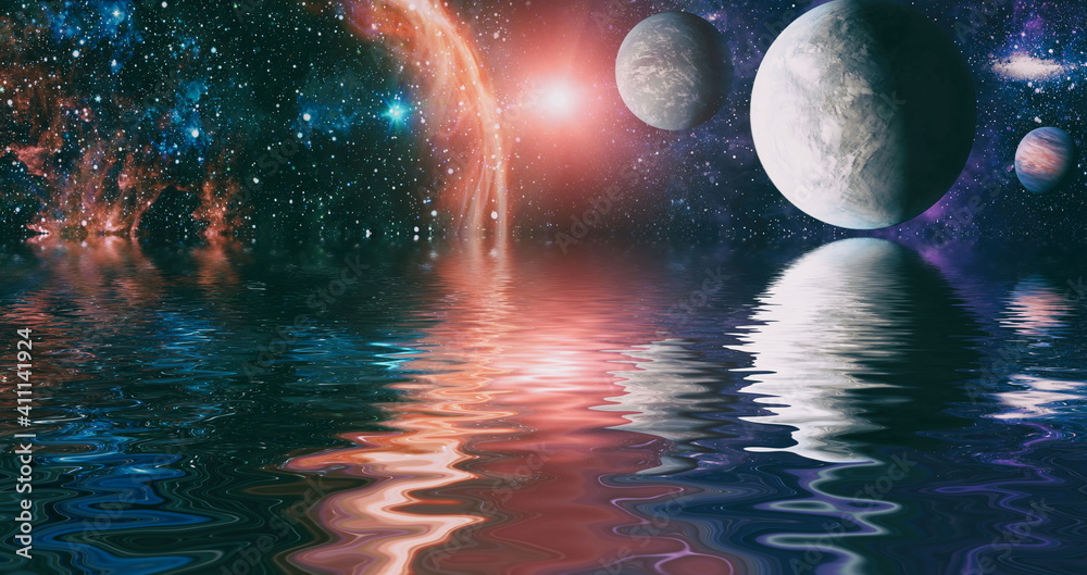 Canvas Prints beautiful unusual space planet in space reflected in water, galaxy stars night sky ,elements of this