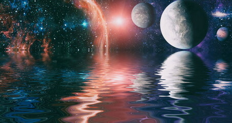 Beautiful unusual space planet in space reflected in water, galaxy stars night sky ,Elements of this Image Furnished by NASA , © Maximusdn