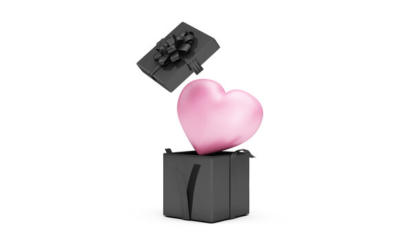 Levitation Opened Black Gift Box with Pink Heart Inside on white background © Rashevskyi Media