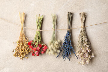 Bunches of beautiful dried flowers hanging on rope near light grey wall
