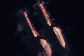 Red wine bottles on black background Concept of fine wine Food and beverage