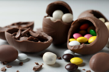 Broken chocolate eggs with candies on white wooden table, closeup