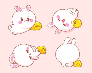 Set of cute rabbit with duck  cartoon illustration