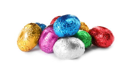 Fototapeta na wymiar Chocolate eggs wrapped in colorful foil on white background
