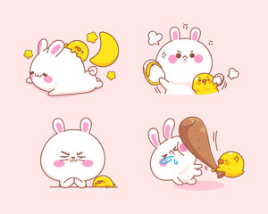 Set of cute rabbit with duck feel angry cartoon illustration