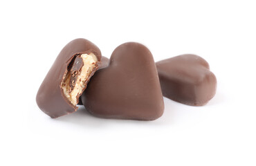 Beautiful heart shaped chocolate candies on white background