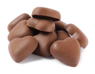 Beautiful heart shaped chocolate candies on white background