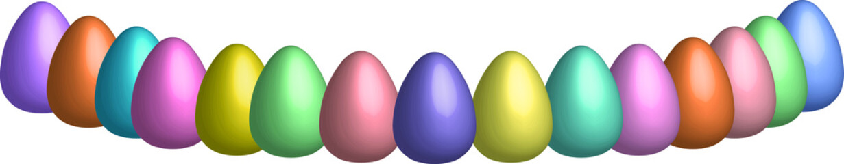 Set of Easter eggs 3d in shiny bright colors, vector drawing for design of a postcard for a spring holiday. A fun weekend with colorful patterns, April or May is a celebration.