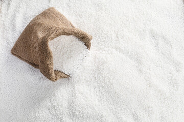 Sack bag and granular mineral fertilizer, top view